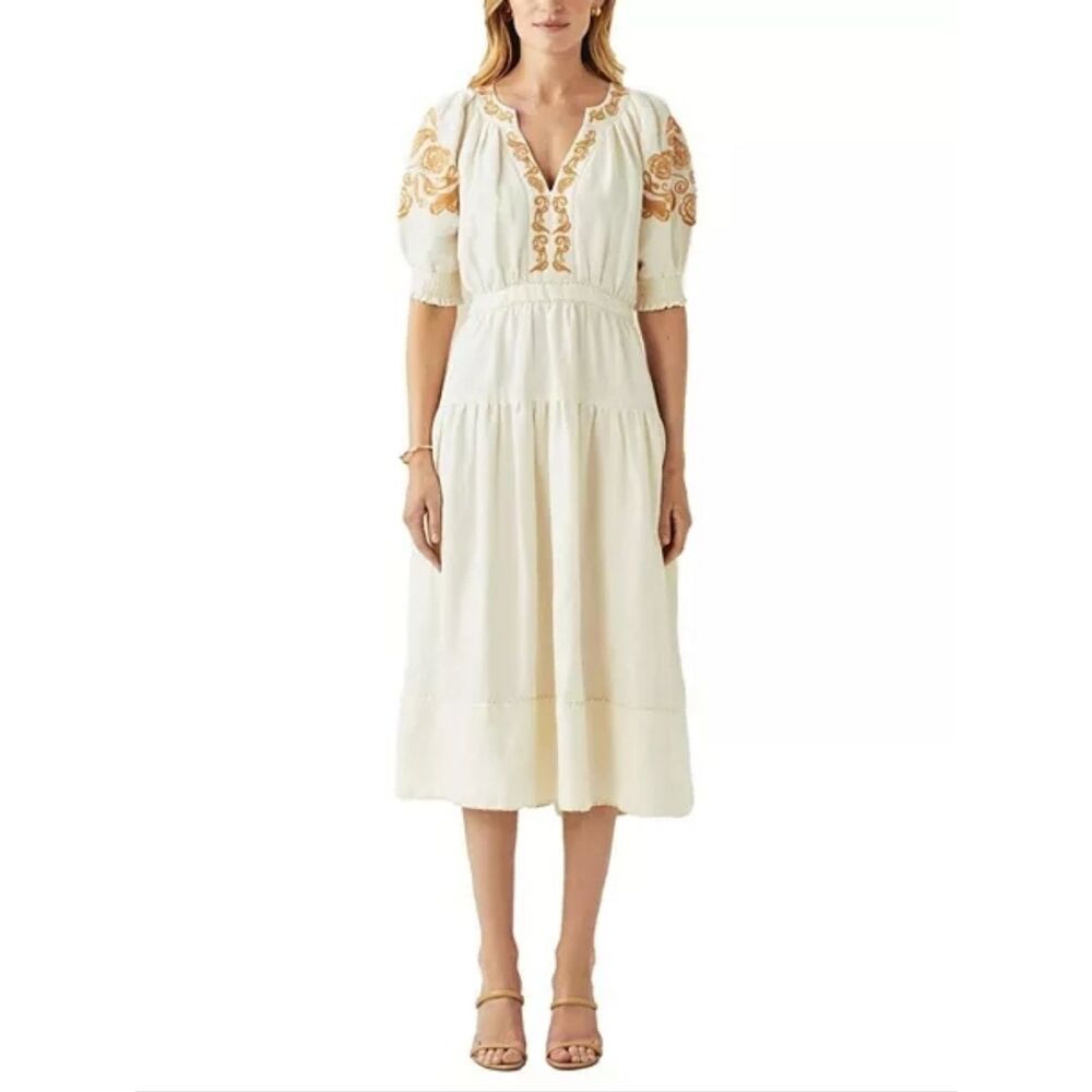 Cartolina Lizette Linen Blend Embroidered Belted Puff Sleeve Ivory Midi Dress M - Picture 4 of 16